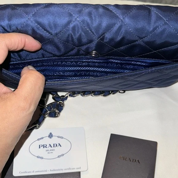 Preloved Prada quilted nylon shoulder bag navy blue pristine condition 9 1/2”X 6 - Picture 7 of 8